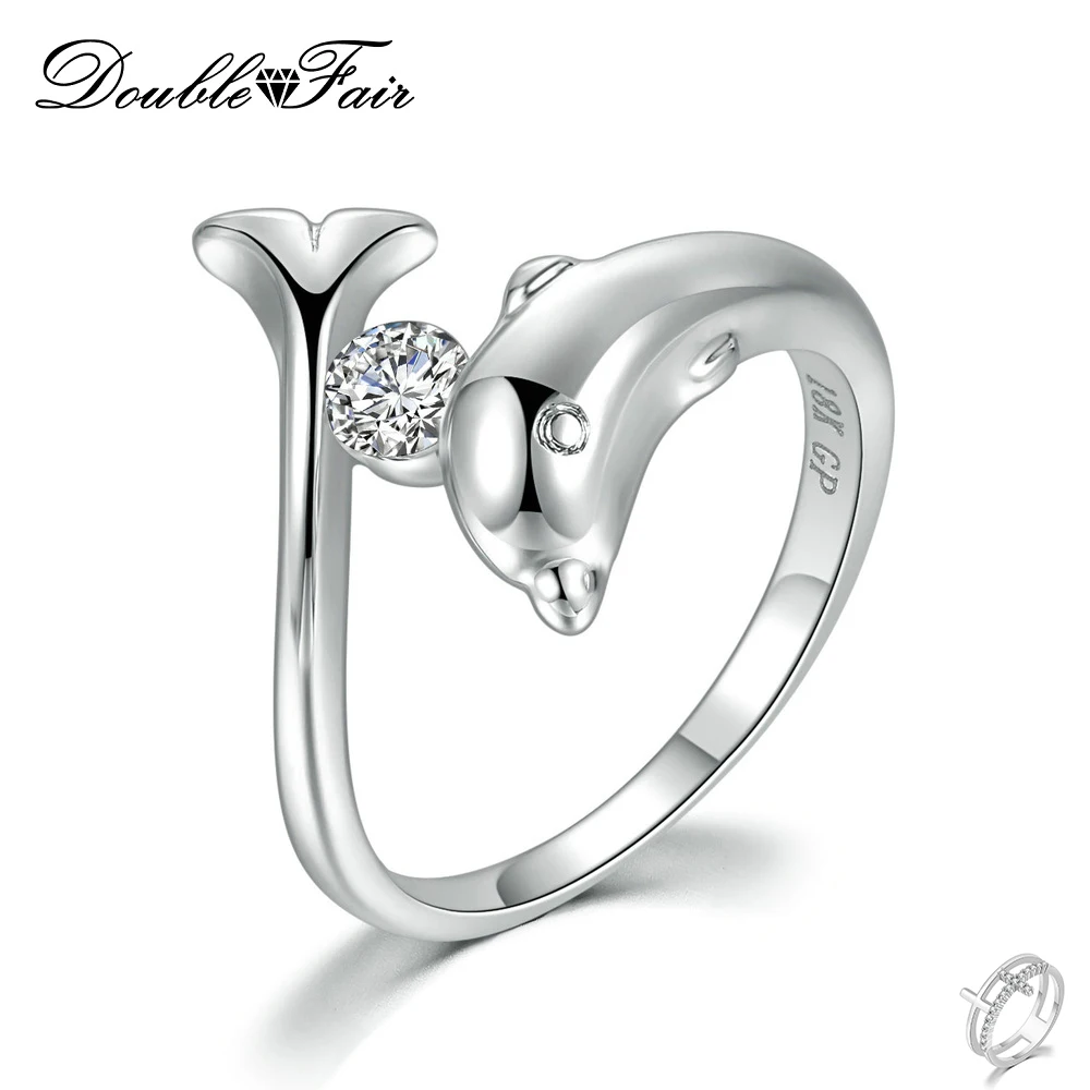 Double Fair Love Dolphin Rings For Women White Gold Color Birthstone Crystal Ring Jewelry Female Birthday Gifts DFR788M