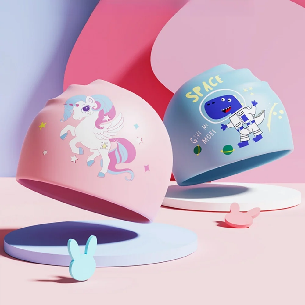 Children‘s Elastic Swimming Caps Boy and Girl Waterproof Swimming Pool Protect Ears Long Hair Silicone Cartoon Diving Hat