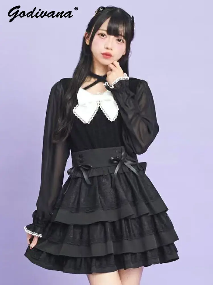 

2025 New Autumn Japanese Sc Cross Bow Gothic Long Sleeve Pullover Top Girl Women's Lace Spliced Black Short Blouses