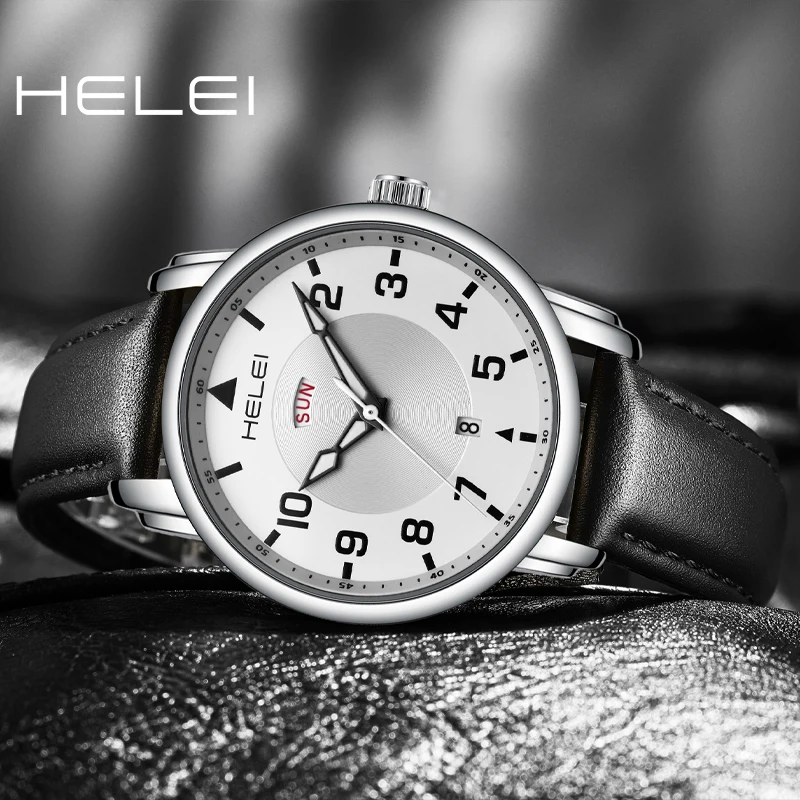 HELEI Fashion new sports casual quartz watch date genuine leather strap men's wristwatch