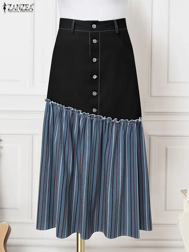 

ZANZEA, осенние длинные юбки 2021, женские джинсовые юбки с высокой талией в стиле пэчворк с принтом Jupes Faldas Saia, повседневные свободные юбки с рюшами на пуговицах
