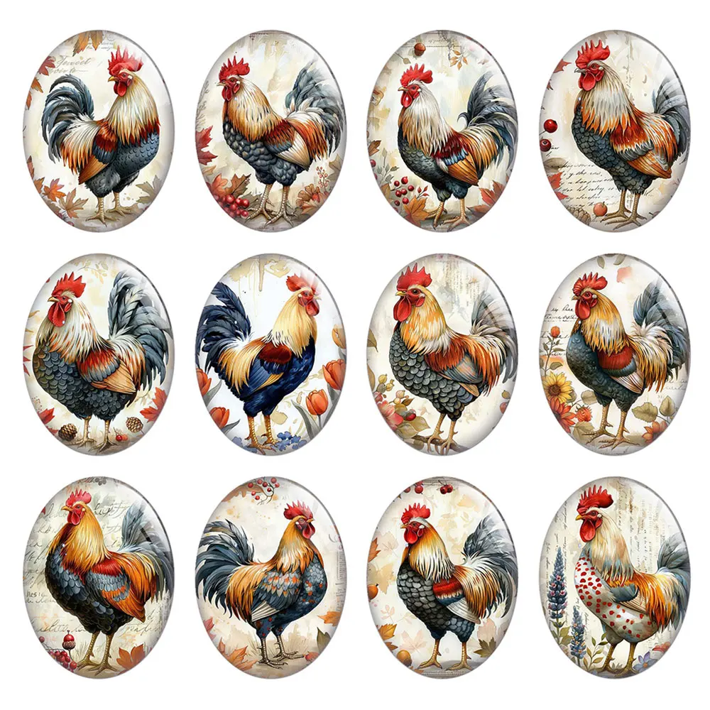 Random Mixed Round/Oval/Square Vintage Autumn Rooster Farm Photo Glass Cabochon Flatback Demo Cameo For Diy Jewelry Making