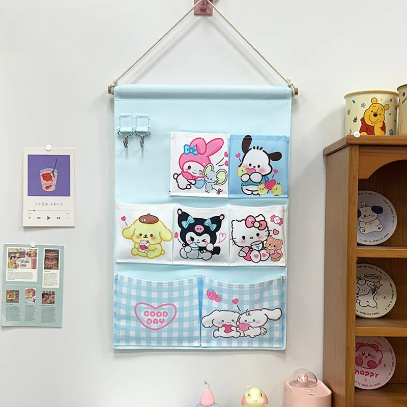 Sanrio's New Cartoon Wall Multi-grid Storage Bag Student Dormitory Hanging Basket Artifact Girl Kawaii Punch-free Storage Bag