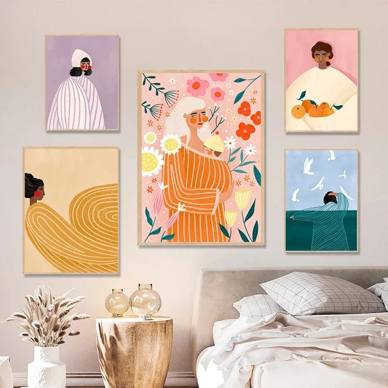 1PC frameless decorative art print,Abstract Colourful Art Poster Print Vibrant Woman Minimal Portrait Flower Canvas Painting Fem