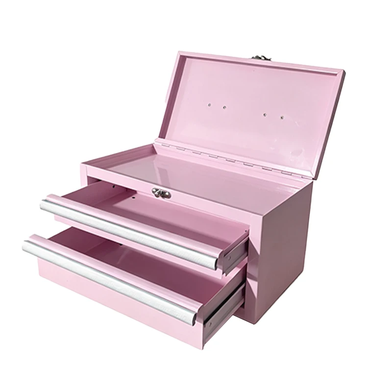 a forPink 2 Drawers Portable Metal Tool Box Hand Carry Hardware Tool Storage Desktop Makeup Box Stationery Gift