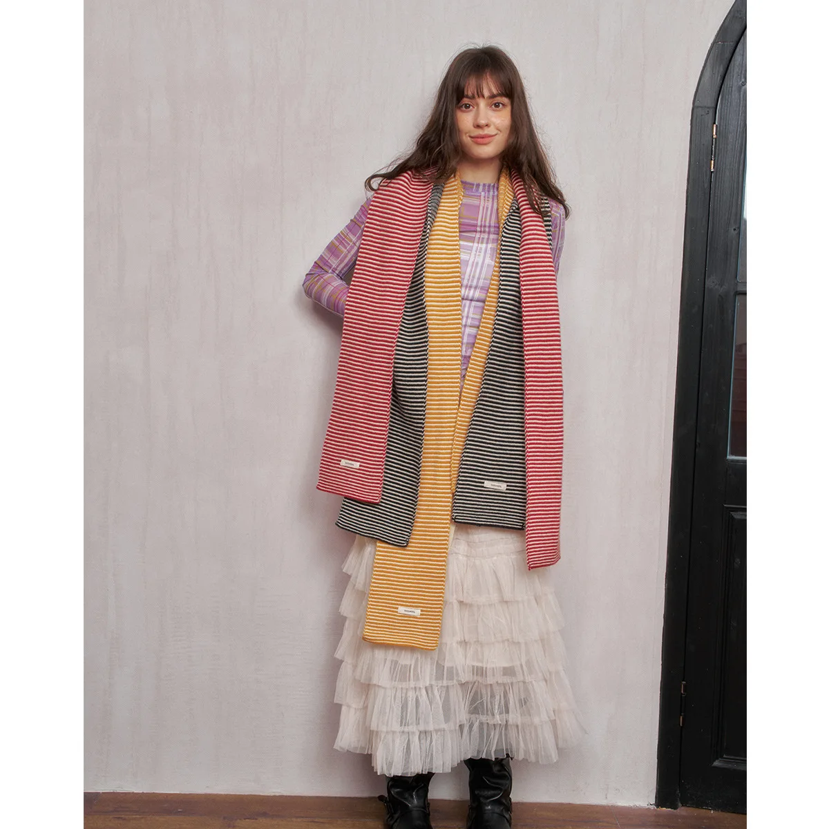 

2025 Winter New 100% Wool Women's Scarf with Thin Stripes Cold Protection Extended Warm Neck Concave Design Couple Knitted Scarf