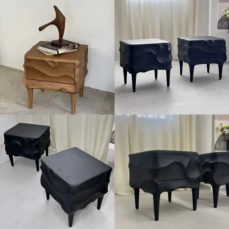 Mid Century Modern Bedside Table Wave Style Solid Grey Wood Nightstand Bedroom Furniture for Home Hotel Villa