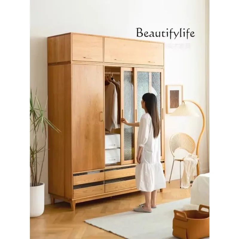 Modern Large-Capacity Solid Wood Wardrobe Household Bedroom Glass Wardrobe