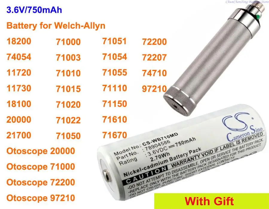 750mAh Battery for Welch-Allyn 18200,74054,97210,20000,71000,72200,97210,11720,11730,18100,21700,74710