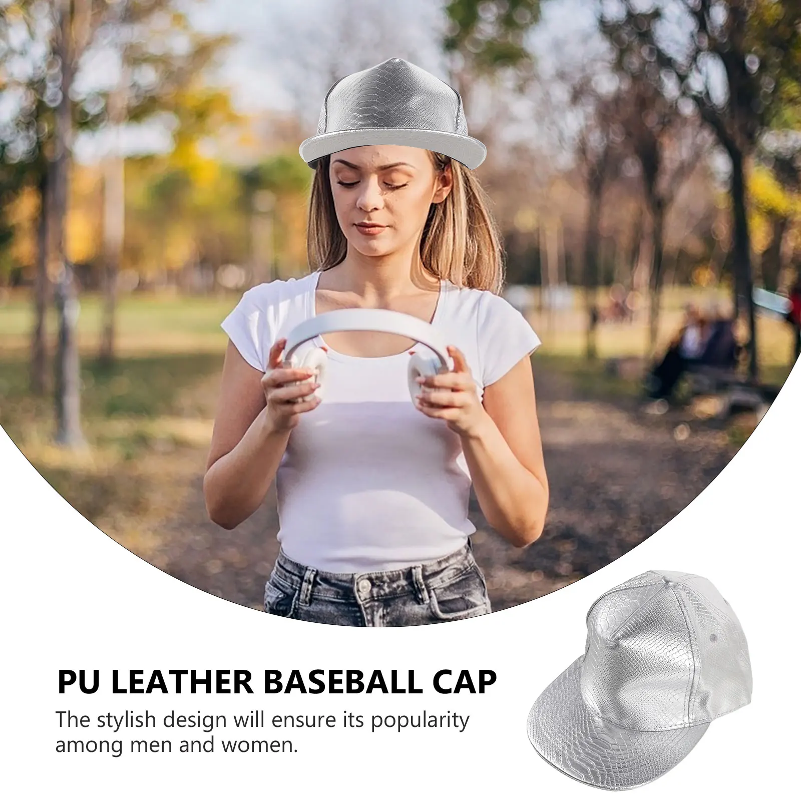 

Print Baseball Cap PU Flat Brim Adjustable Snapback Hat 27x18x11cm Black Unisex Hip Hop Outdoor Runner Golf
