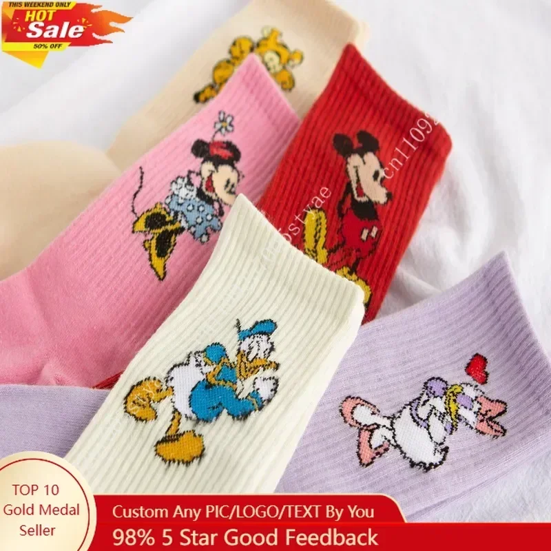 

Mickey Minnie Dais Donald Duck Stocking Disney Cartoon Sweet Cute Solid Color Cotton Sweat Absorbent Tube Socks Sports Socks