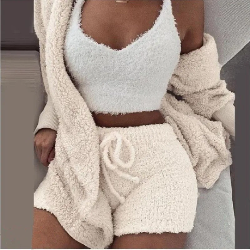 

Casual Solid Three Piece Sets For Women Long Sleeve Cardigan Coat And Tank Top And Shorts Outfits Female Winter Warm Ladies Suit