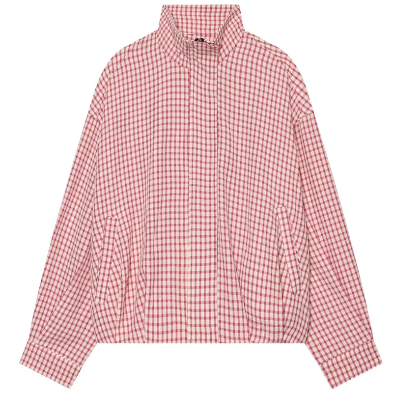 HXAO Geruit Bomberjack Damesjas Lente Herfst 2026 Kort Oversized Lange Mouw Top Casual Rits Buitenkleding Buitenjassen