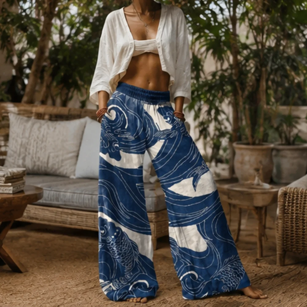 Women's Printed Wide-Leg Pants, Blue and White Koi Fish Wave Pattern Pants, Stretch High-Waisted Loose Casual Pants, Suitable for Summer Outdoor Leisure and Vacation Wear