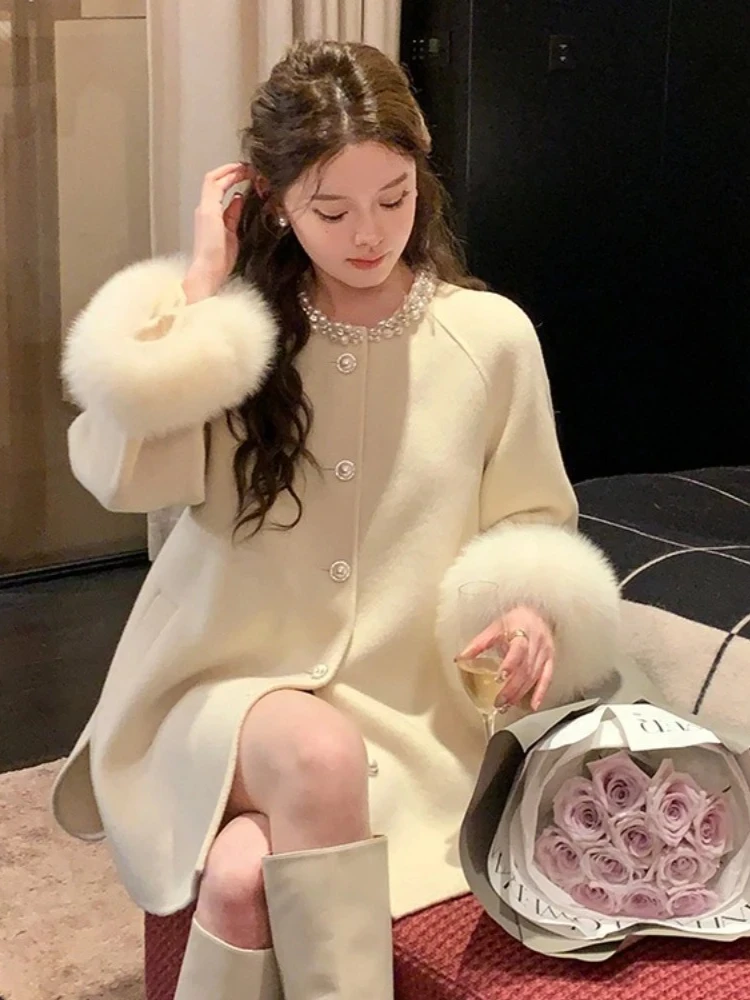 2025 nouvelle mode hiver automne vêtements femmes mi-longue véritable fourrure de renard manchette laine mélanges veste chaud perle cachemire laine manteau