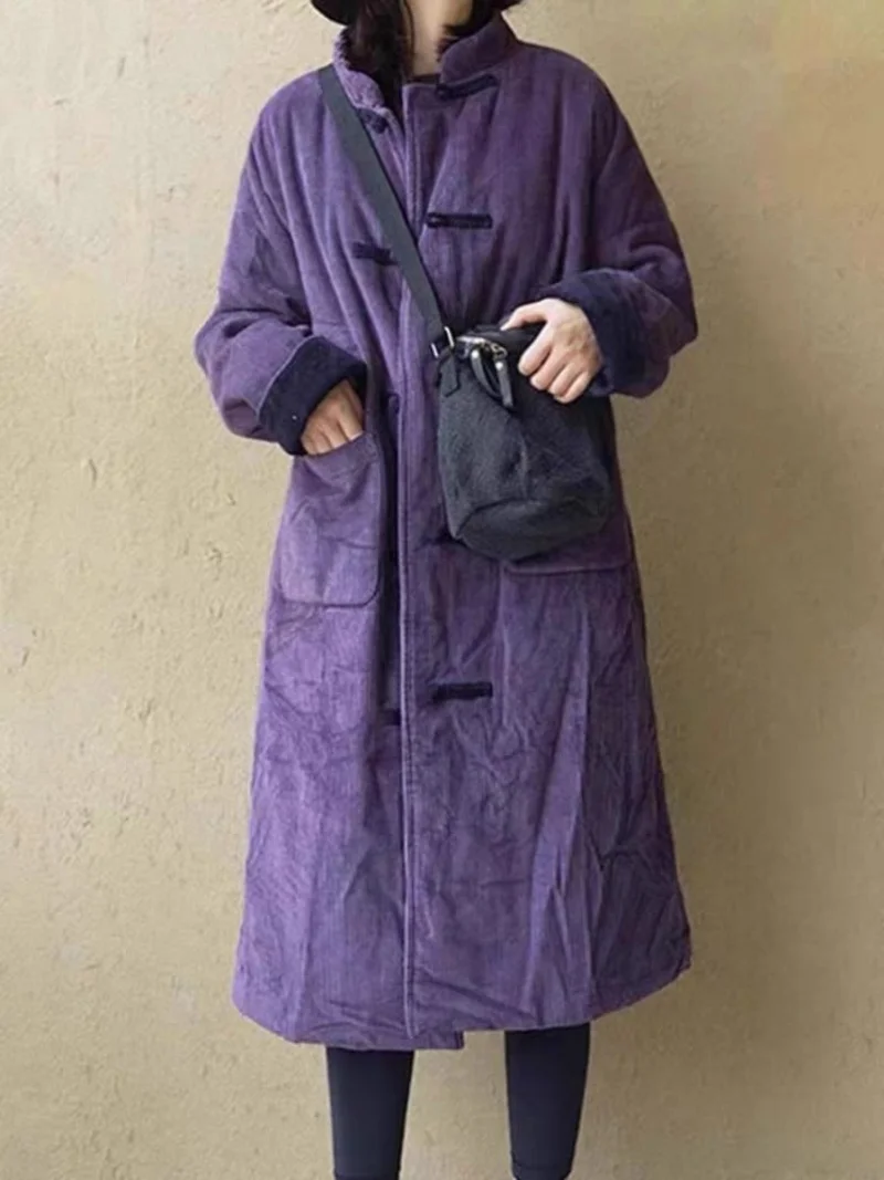 

2025 Cotton Jacket Winter New Chinese Style Women's Clothing Retro Loose Buckle Thick Corduroy Coat Outerwear w631