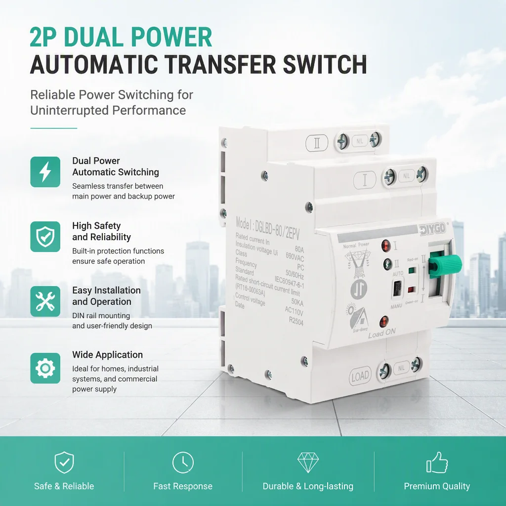2P PV Solar ATS Automatic Transfer Switch Mini Din Rail Dual Power Uninterrupted Electrical Selector 110/220V