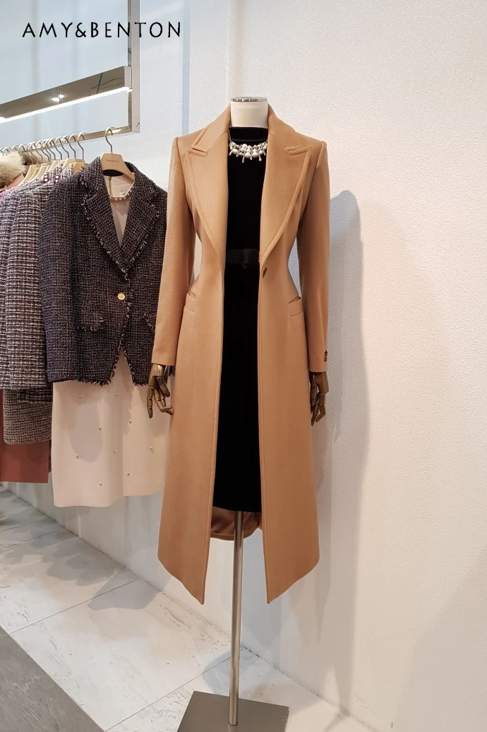 Nueva moda de invierno elegante abrigo de lana con solapa ajustado para mujer cuello cruzado de longitud media Color puro abrigos y chaquetas combinables para mujer