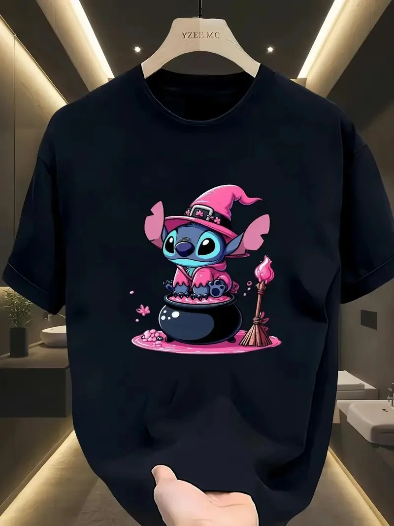 

2025 Disney Pattern Printed Women's Casual Comfortable Unique Smiling Face Black Round Neck Short Sleeve T-shirt
