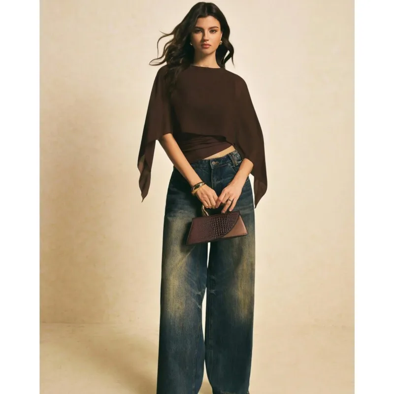 Brown Sheer Cape Sleeve Top Women 2026 New Crew Neck Ruched Waist Slim Elegant Casual False Two-piece Autumn Streetwear Blouse