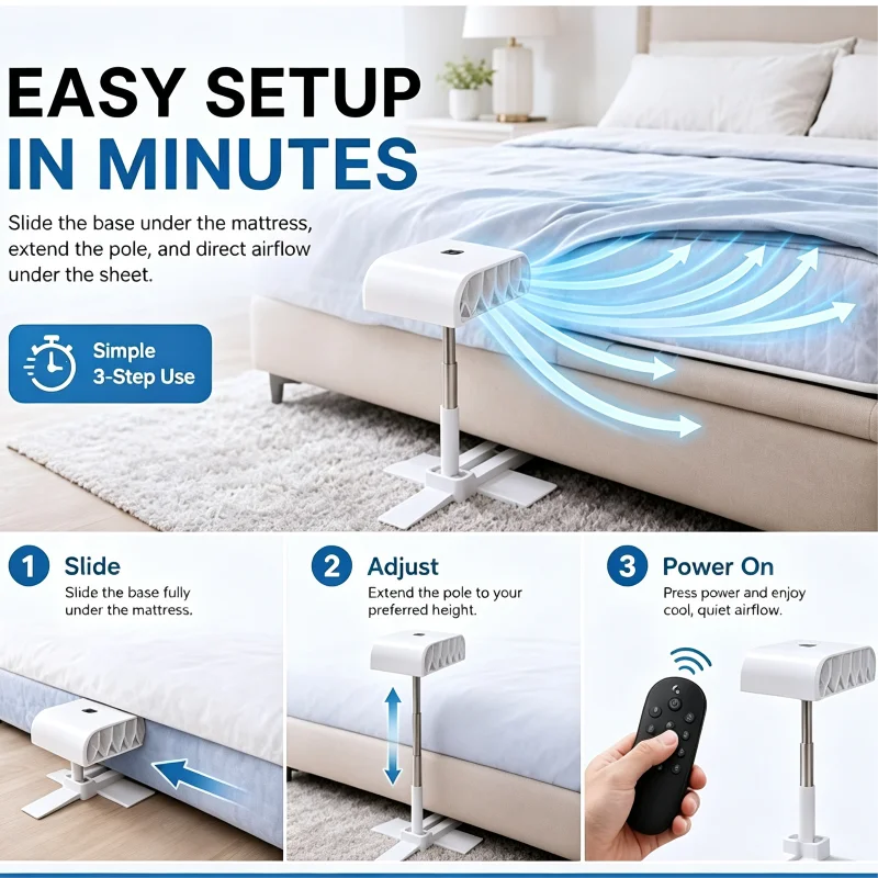 Bed Under Blanket Fan Adjustable Height Bedding Air Circulator 5‑speed Remote Control Cooling Fan For Bedroom Sleep Use