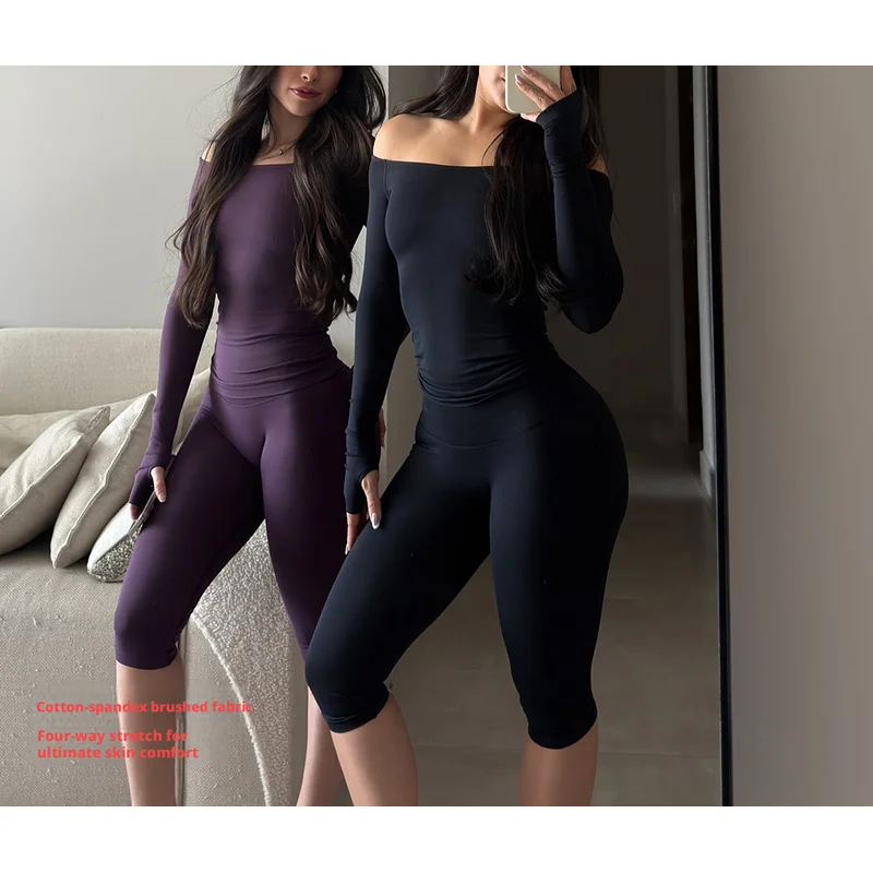 Denyf New Off Shoulder Long Sleeve T Shirt Set Moisture Wicking High Elastic Fast Drying For Gym Fitness Running Yoga Outdoor Ac