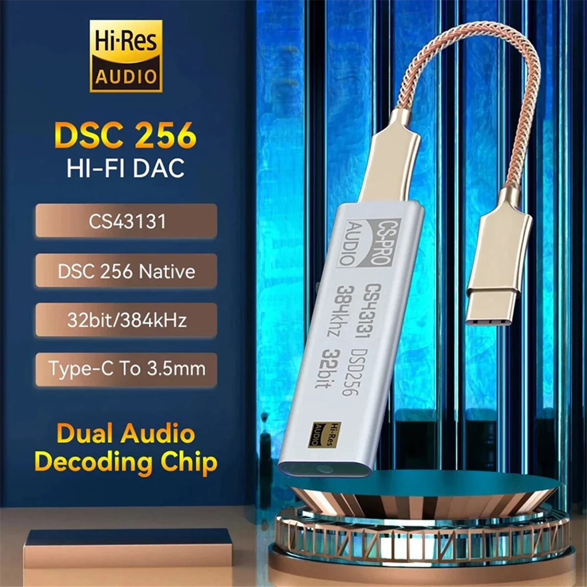 DAC CS43131 DSD256 Headphone Amplifier USB Type C to 3.5mm Output AUX Adapter HiFi Audio Chip Amp Decoder for Android