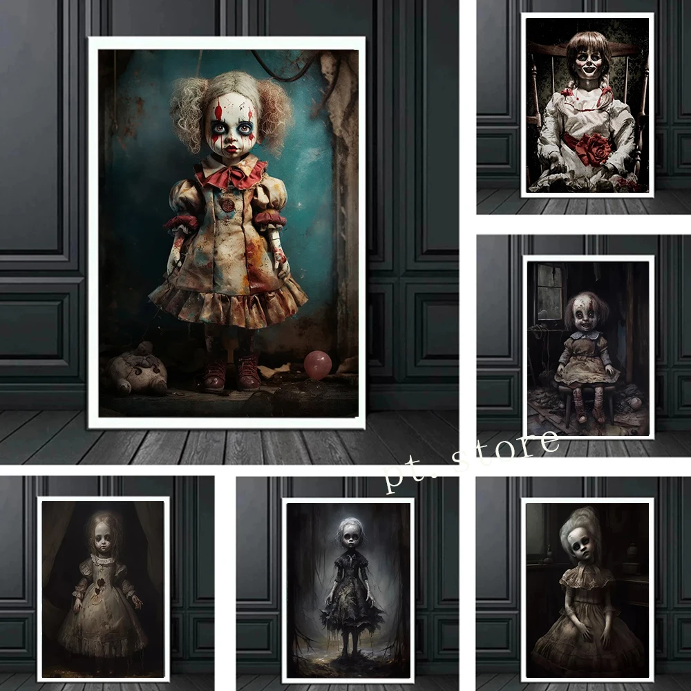 

Halloween Haunted Doll Art Poster Prints For Living Room Home Decor Gothic Horror Movie Ghost Doll Canvas Painting Wall Art