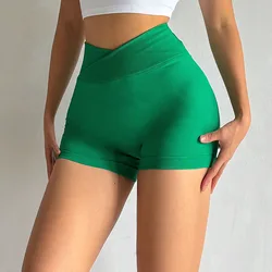 Crossover Waist Yoga Shorts Women Sport Shorts Gym Shorts Workout Running High Waist Shorts Push Up Hip Seamless Fitness Shorts