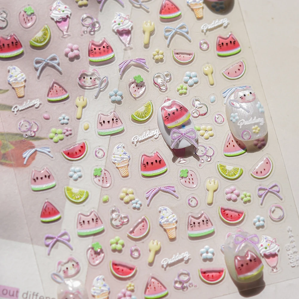 Cute Ice Cream 5D Nail Art Stickers Juicy Watermelon Bowknot Frosty Ice Blocks Jelly Summer Self Adhesive Manicure Decal DIY