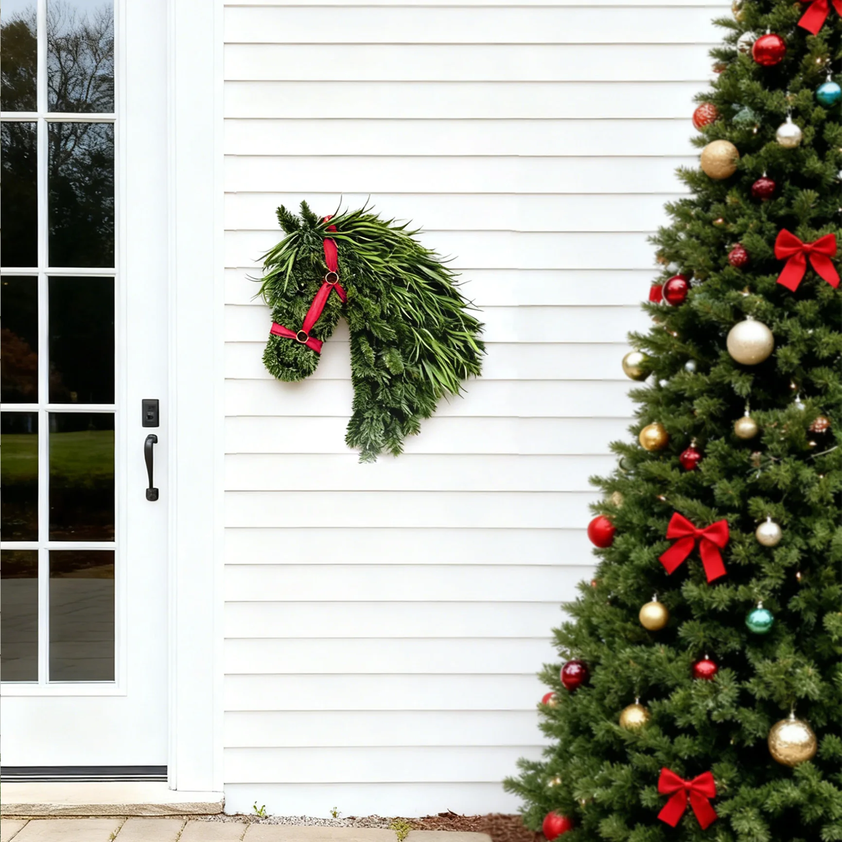 عيد الميلاد الحصان اكاليل ديكور للباب الأمامي الإبداعية مقلد عيد الميلاد الحصان رئيس جارلاند الاصطناعي إكليل ديكور المنزل لافتة للباب