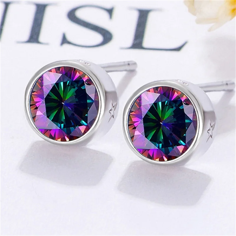 Mystic Rainbow Zircon Classic Round Stud Earrings For Men Women Silver Color Purple Pink White Stone Small Ear Studs Jewelry CZ