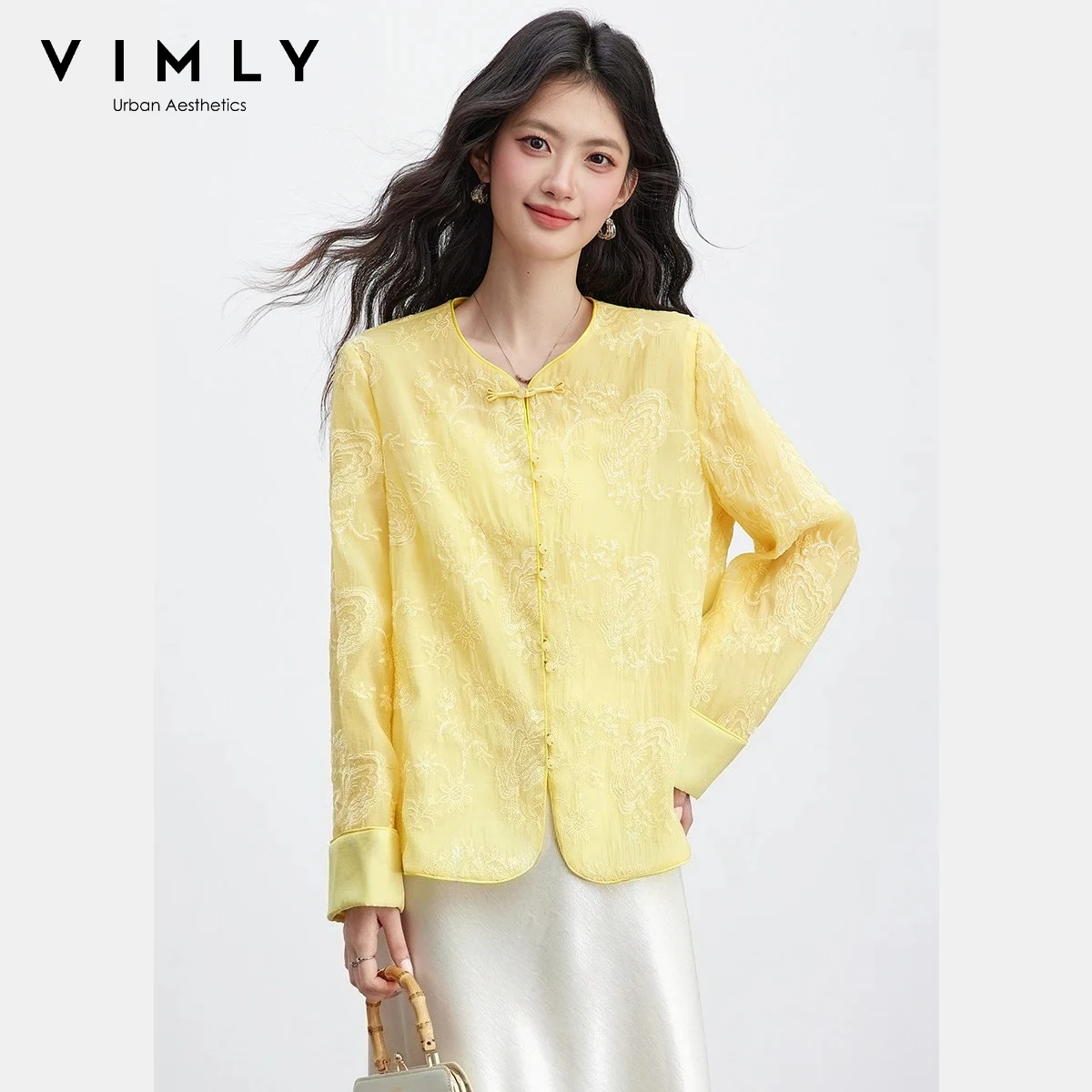 

VIMLY Women's Chinese Style Jacket 2026 Spring New Yellow Embroidery Floral Frog Button Round Neck Casual Cardigan Top A3728