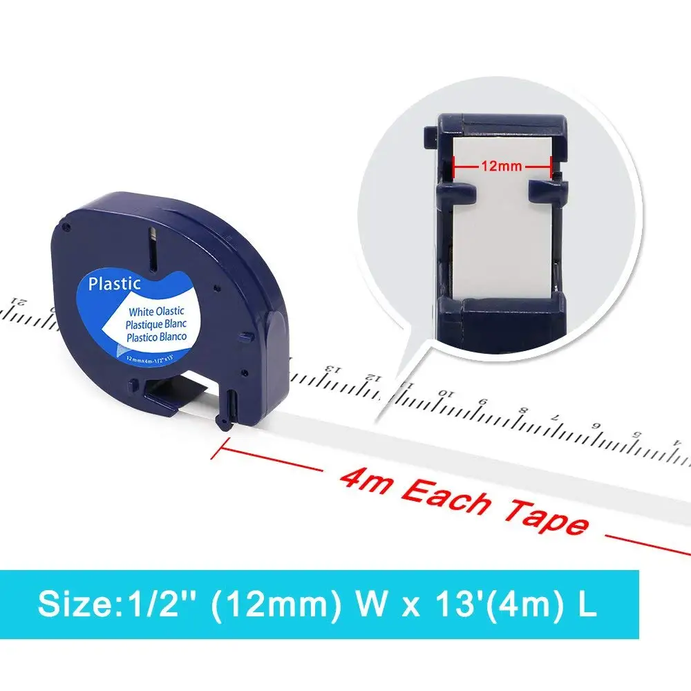 8/10PK 12mm Label Tape Replacement for Dymo 91331 91221 Plastic Tapes Compatible for Dymo LetraTag LT-100H Plus Label Printer