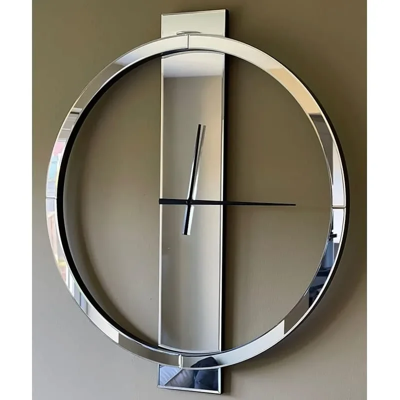 

Large Round Wall Clock, 23" Mirror Glass Finish, Black Painted Wooden Edges, Beveled Mirrored Front, Battery Operated