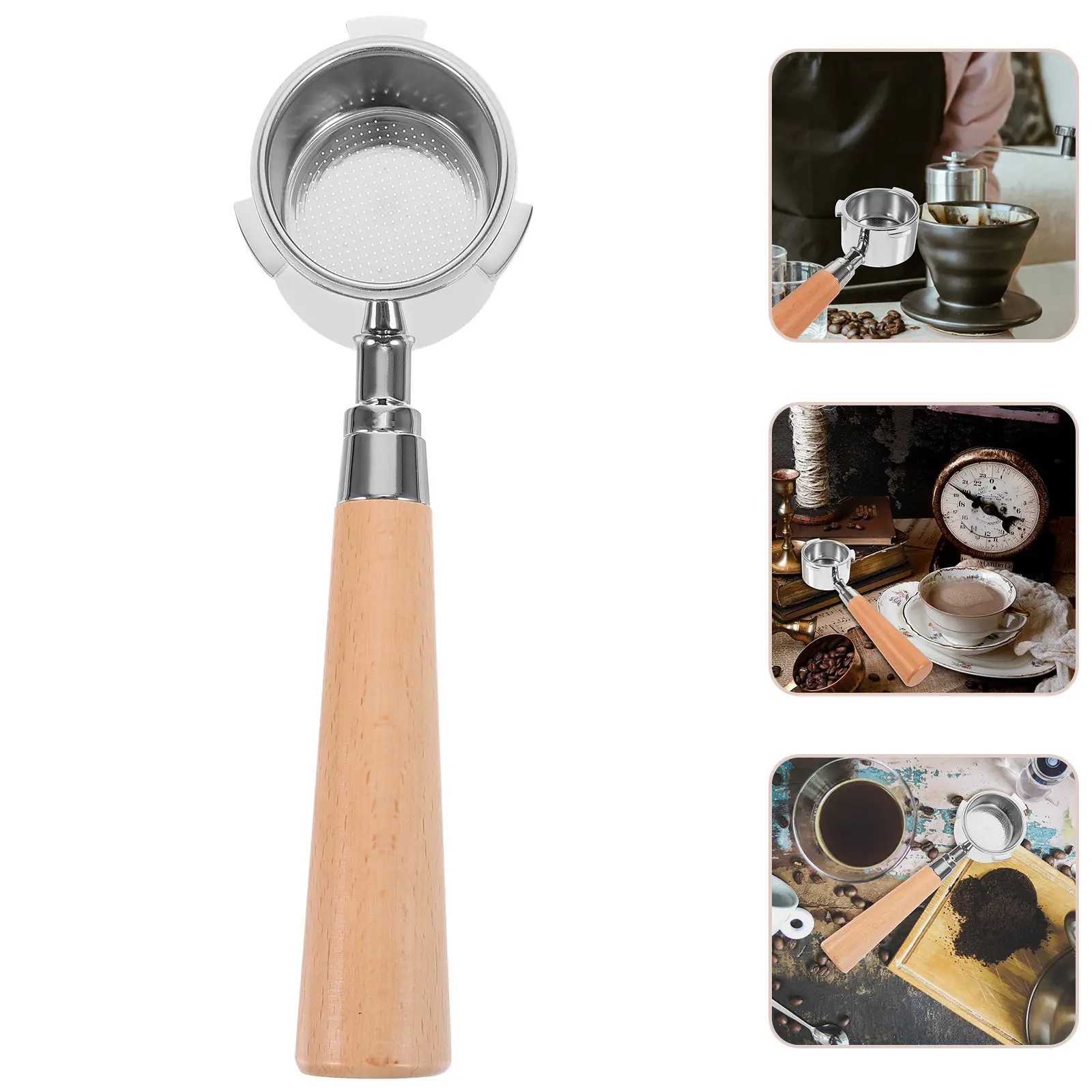 

Reusable Bottomless Portafilter with Wood Handle for Coffee Machine Easy Replace Filter Basket Sturdy Non-Rust Design for Home