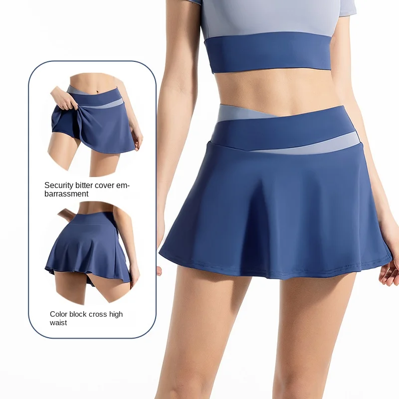 

Short color blocking high elasticity and nude fake two-piece women's high waisted anti walking light speed dry fitness skirt