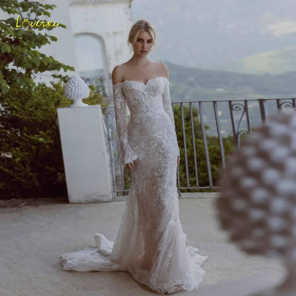 

Loverxu Mermaid Wedding Dresses Sweetheart Off The Shoulder Vestido De Novia Lace Embroidery Shiny Custom Made Bridal Gown