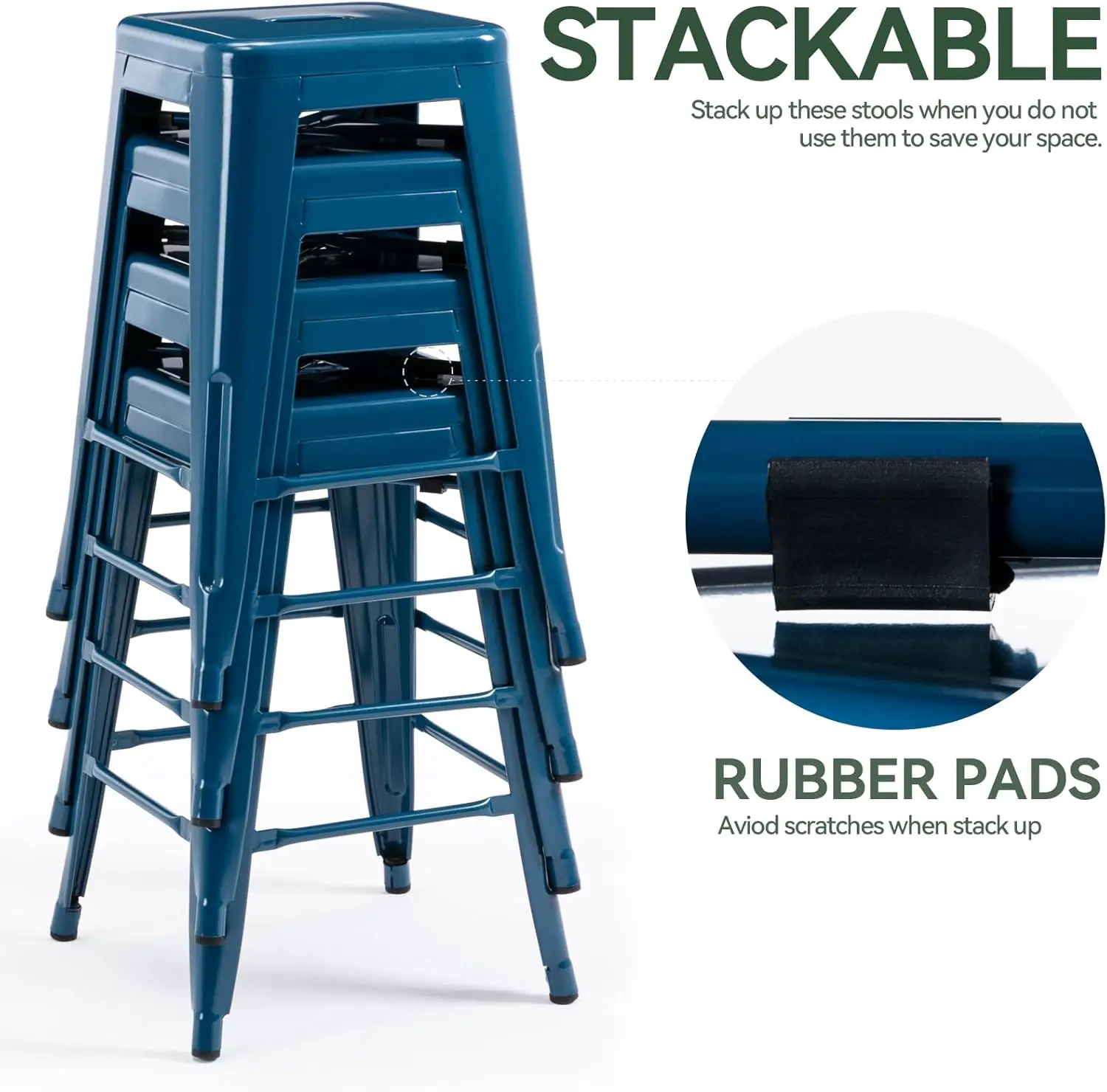 24' 바 스툴 백클메탈 바스툴 실내외 카운터 높이 스툴(사각형 시트 포함), 4개 세트(딥 블루)