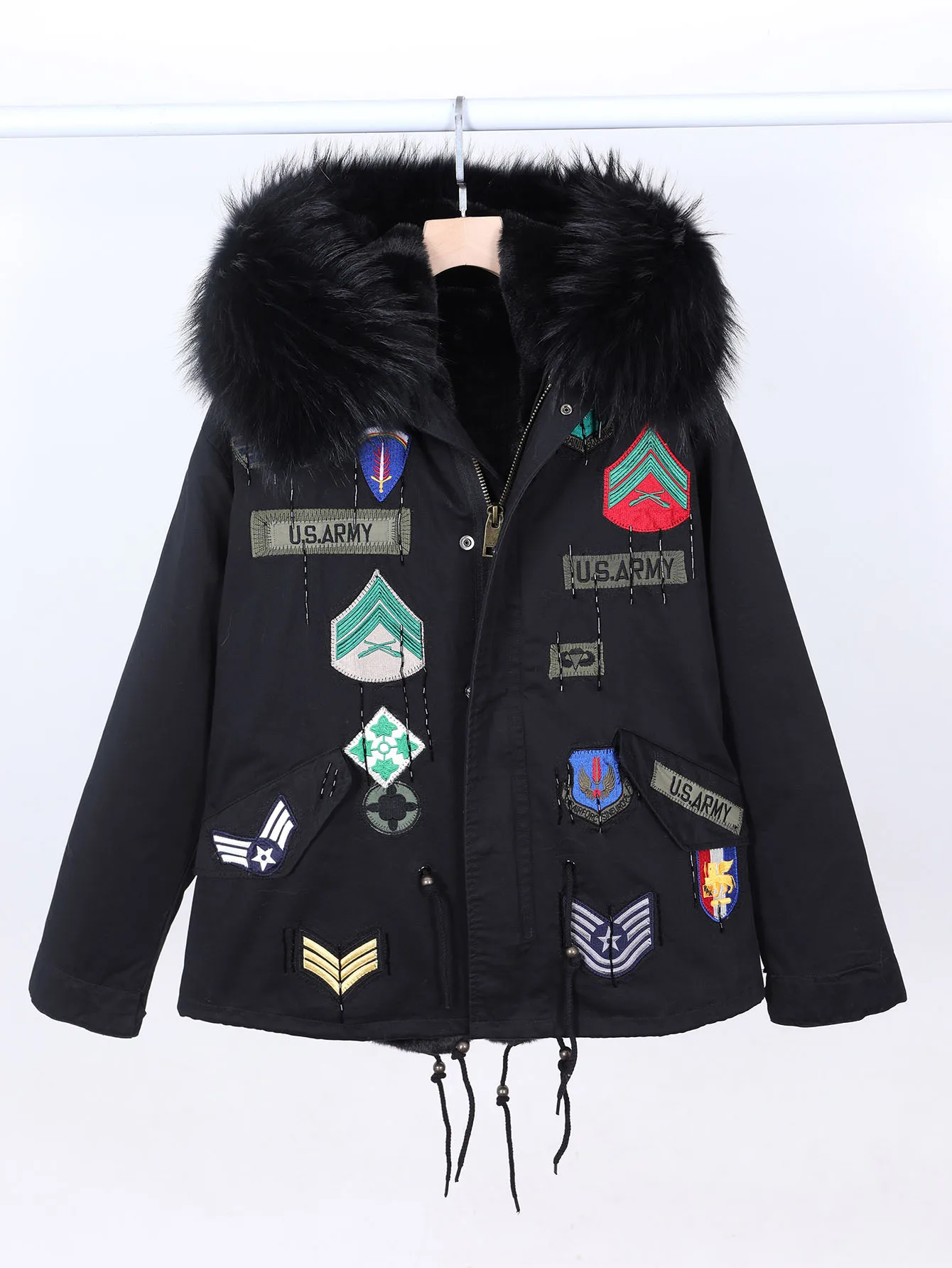 Women's Winter Parka Coat with Detachable Lining Long Sleeve Warm Cotton Jacket with Hood Embroidered Unisex Casual Outerwear