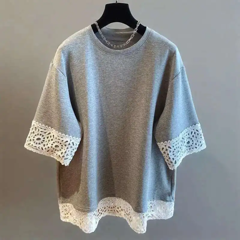 Hook Flower Hollow Out Spliced Women Loose Casual All-match T-shirt Pullover O-neck Short Sleeve Top  Summer
