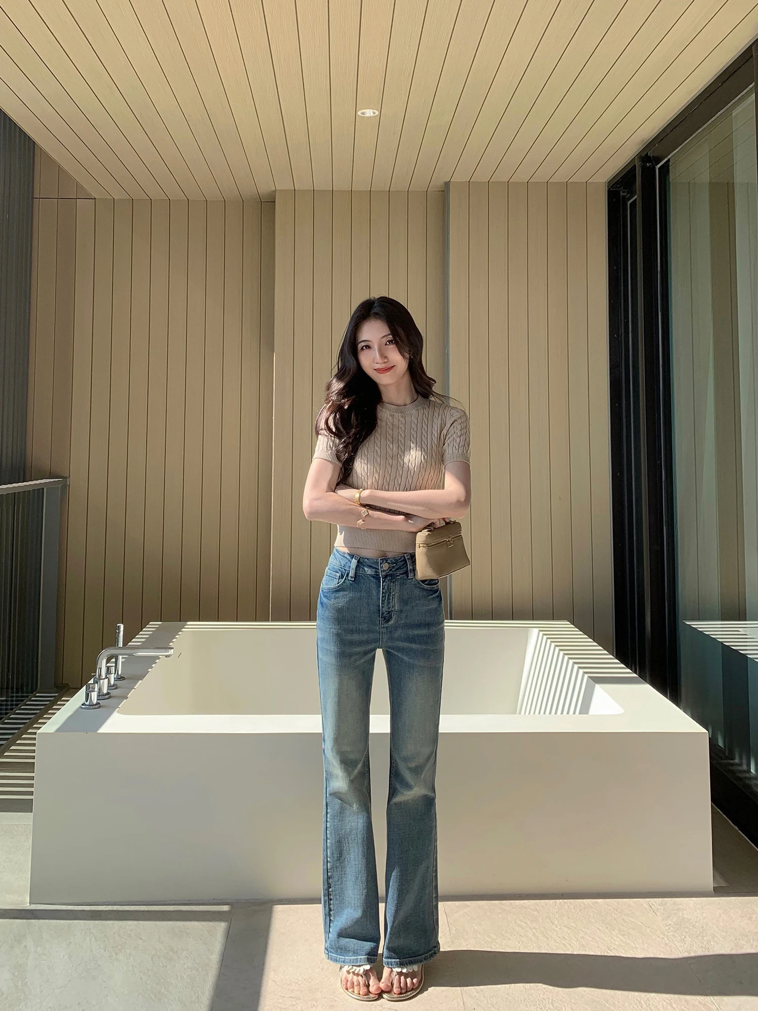 

Mulvan High Waist Bell Bot Denim Jeans Women's Heavy Waed Casual Cotton Long Trousers Slizing Effect Spring 2026
