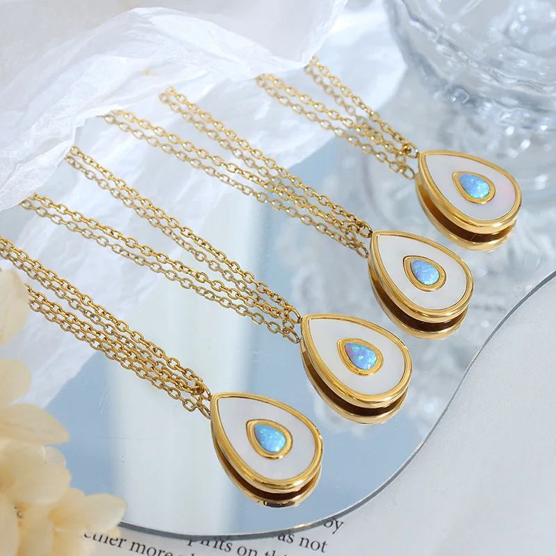 New Sparkle Blue Opal White Shell Avocado Pendant Necklace Stainless Steel Waterdrop Charm Collar Waterproof Jewelry for Women