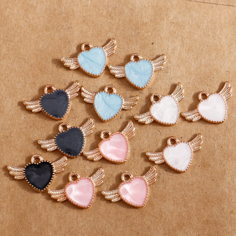 10 Stück 14 x 22 mm Emaille-Herzflügel-Charms-Anhänger für die Herstellung von Halsketten, Ohrringen, Armbändern, DIY-Schmuckzubehör – Detail 1