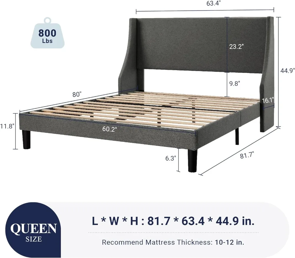 Allewie Queen Bed Frame, Platform Bed Frame Queen Size with Upholstered Headboard, Modern Deluxe Wingback, Wood Slat Support