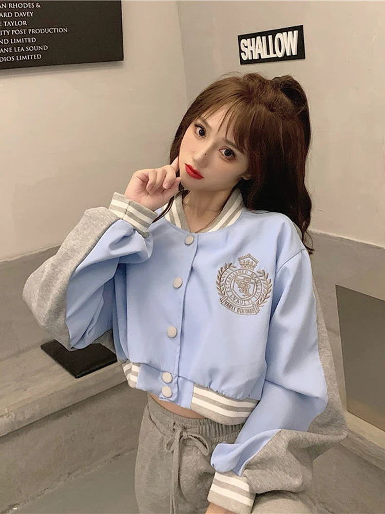 Zoki Sexy Cropped Baseball Jackets Women Harajuku Patchwork Embroidery Outwear Korean Casual Button Female Tops Spring Clothes