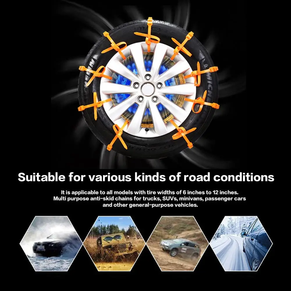 12 PCS Universal Car Snow Chains Portable Winter Tyres Wheels Snow Chains Non-Slip Cable Tie Reusable Anti-skid Wheel Nylon Tire