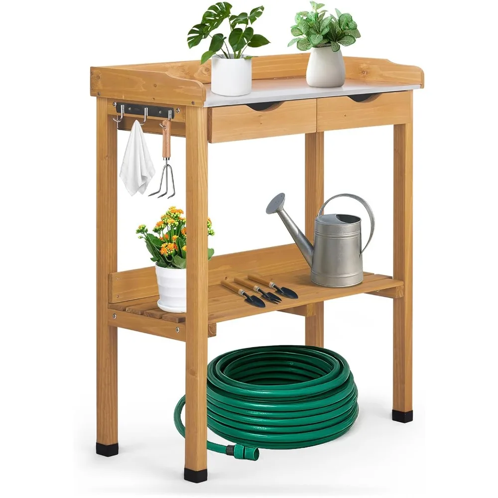 

Outdoor Potting Bench Garden Work Station, Solid Wood Planting Table w/Sink Drawer Shelves,Metal Top, Folding Patio Furniture fo