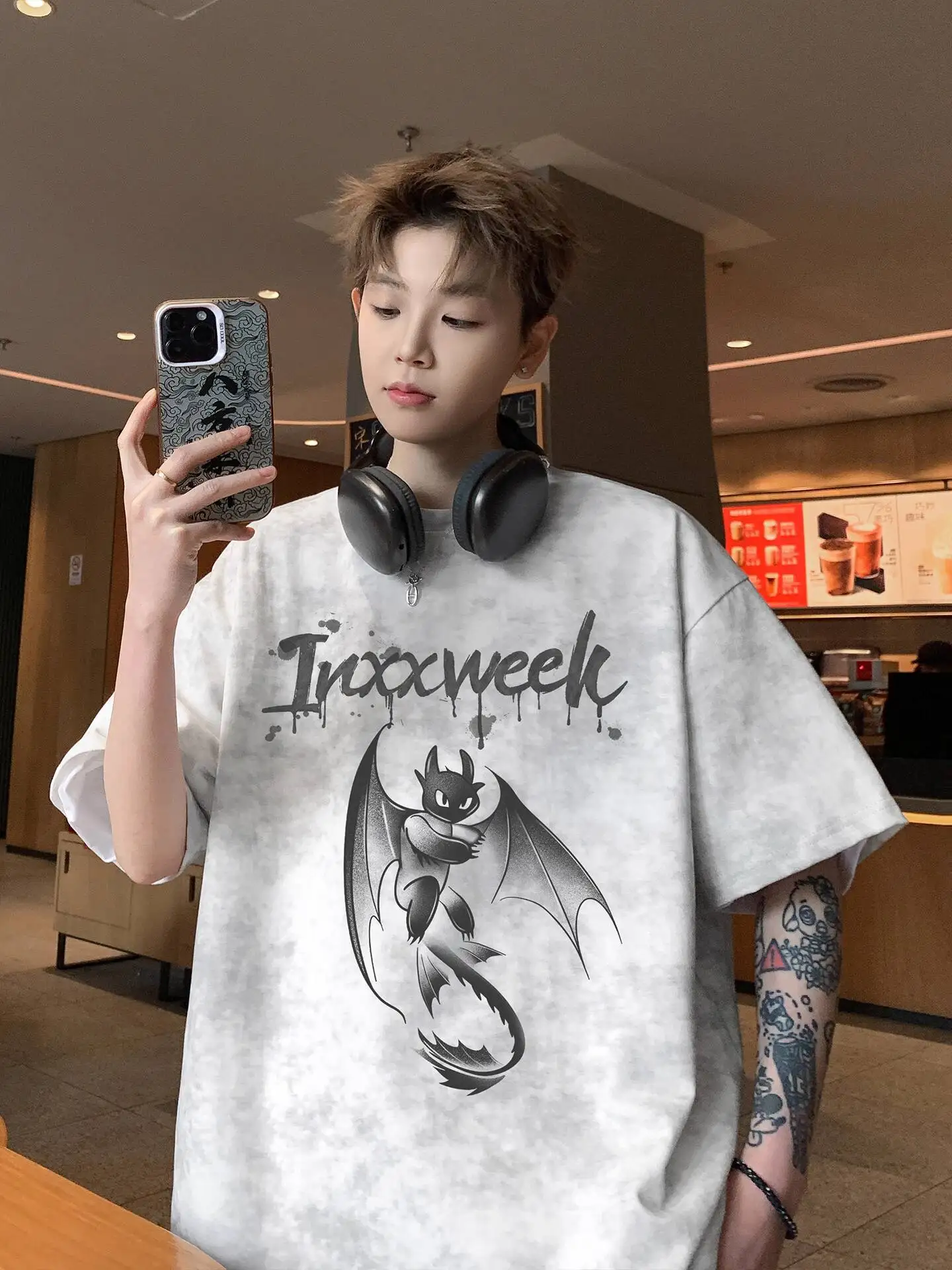 

Men's Short Sleeve Tie-Dye Trendy T-Shirt 2025 New Suede American High Street Toothless Print Half Sleeve Plus Size