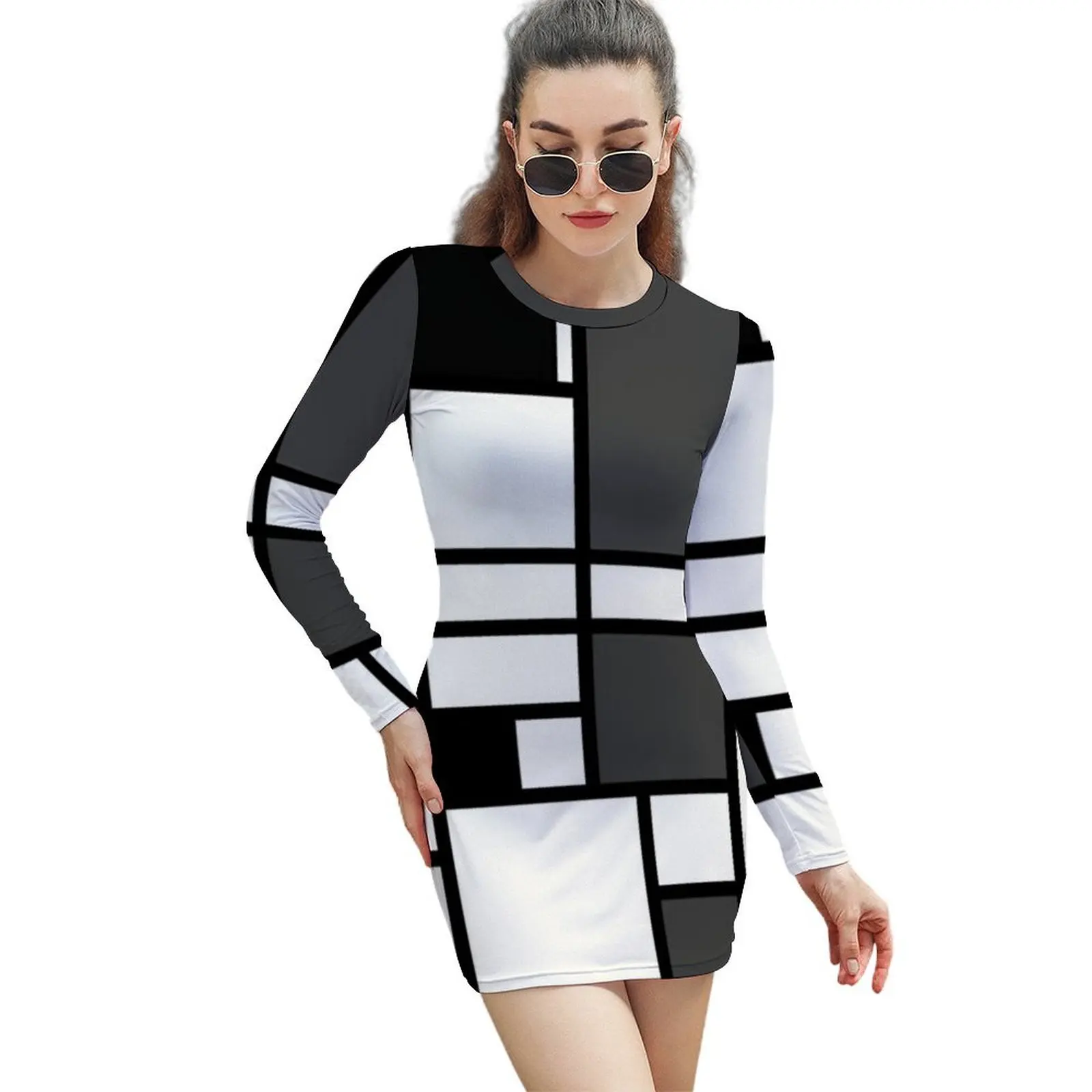 

piet mondrian - Composition with,grey,black,white, Long-Sleeved Sheath Dress prom dresses 2024 dresses summer